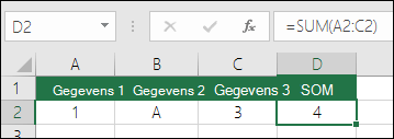 Juiste formuleconstructie. In plaats van =A2+B2+C2 is cel D2s-formule =SOM(A2:C2)