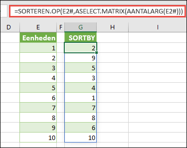 Gebruik SORTEREN.OP met ASELECT.MATRIX en AANTALARG. In dit geval verwijst E2# naar het volledige bereik dat begint in cel E2, omdat die werd gevuld met =REEKS(10). Het teken # wordt de bereikoperator aangrenzende cellen genoemd.