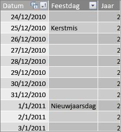 Tabel met feestdagen