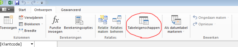 Lint in het PowerPivot-venster met de opdracht Tabeleigenschappen