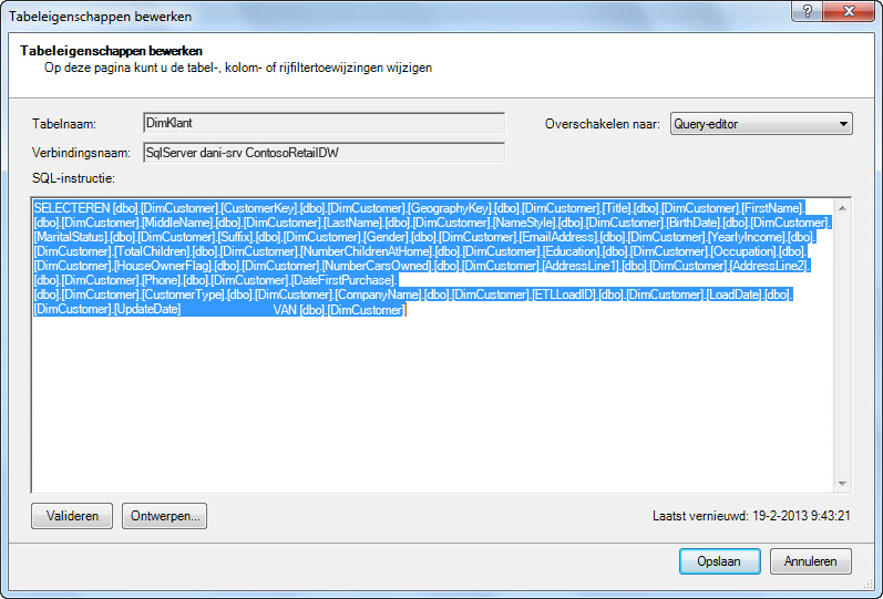 SQL-query waarmee de gegevens worden opgehaald