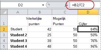 Voorbeeld van formule voor het berekenen van een percentage