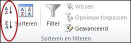 Sorteerknoppen in de groep Sorteren & filter op het tabblad Gegevens in Excel