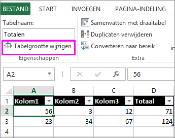 de optie Tabelgrootte wijzigen in de groep Hulpmiddelen voor tabellen