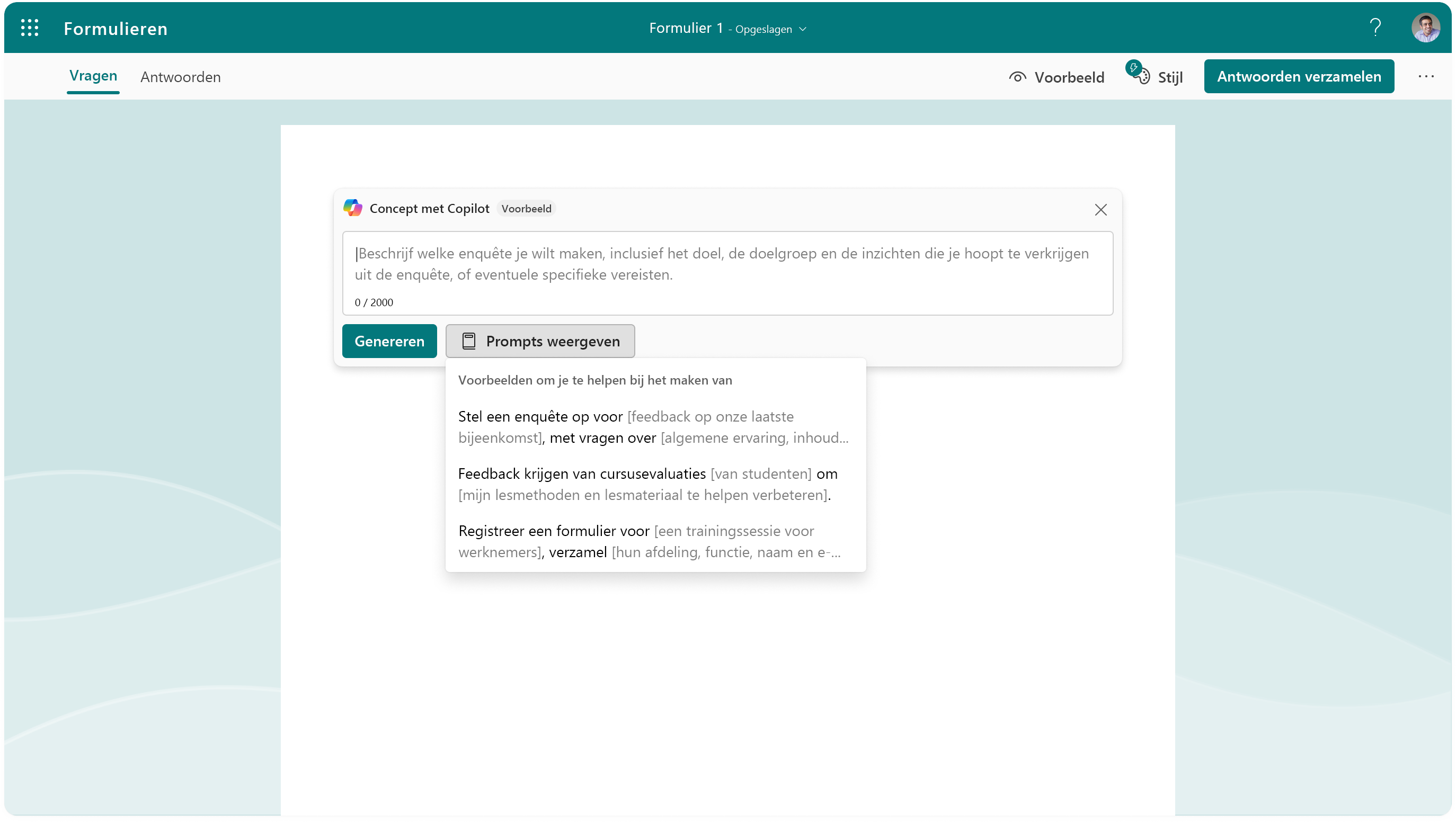 Schermopname van de promptopties voor Copilot in Forms