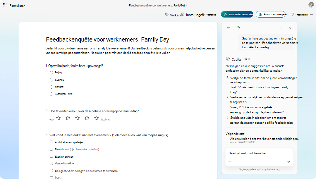 Schermopname van het enquêteformulier voor werknemersfeedback met het Copilot-suggestievenster met verbeteringen mogelijk.