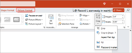 Schermafbeelding van de opties voor afbeeldingsopmaak op het lint en de functie Bijsnijden geopend in Microsoft PowerPoint.