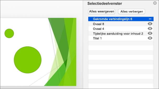 Toont de functionaliteit verbergen in het selectiedeelvenster van Office 2016 voor Macs