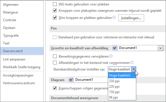 De standaardresolutie voor afbeeldingen instellen