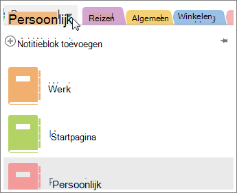 Schakel tussen notitieblokken via het menu aan de linkerkant.