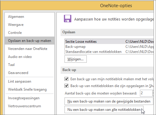 Screenshot of the OneNote Options dialog box in OneNote 2016.