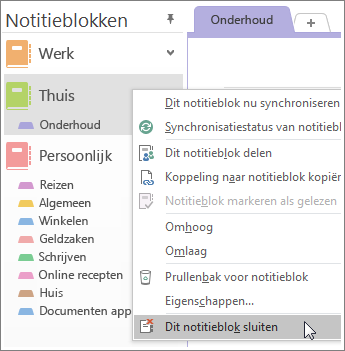 Schermafbeelding van het sluiten van een notitieblok in OneNote 2016.