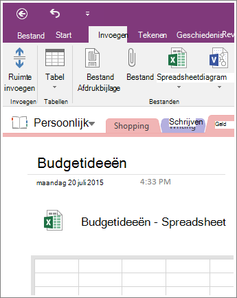 Schermafbeelding van een nieuw spreadsheet in OneNote 2016.