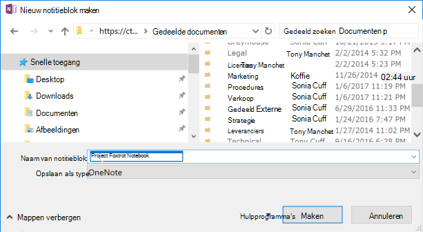 Dialoogvenster Nieuw notitieblok maken in OneNote voor Windows 2016