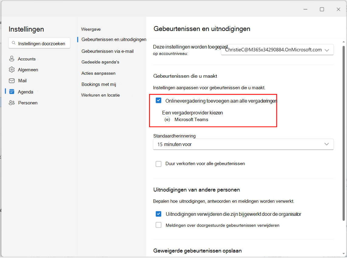 schermopname van het in- of uitschakelen van het toevoegen van onlinevergaderingen aan alle vergaderingen