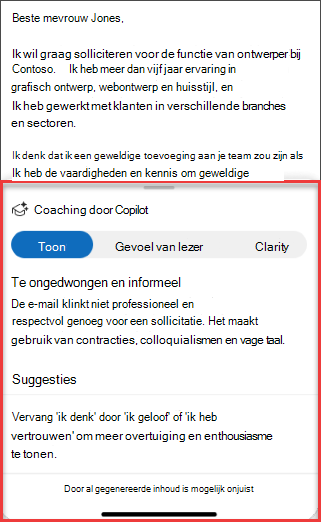 Copilots-suggesties voor toon, helderheid en lezersentiment in Outlook voor mobiel