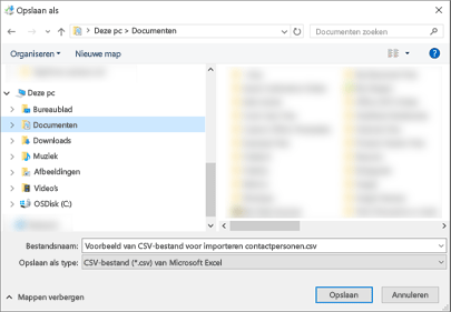 Als u het CSV-voorbeeldbestand downloadt, slaat u het op uw computer als CSV-bestand op.