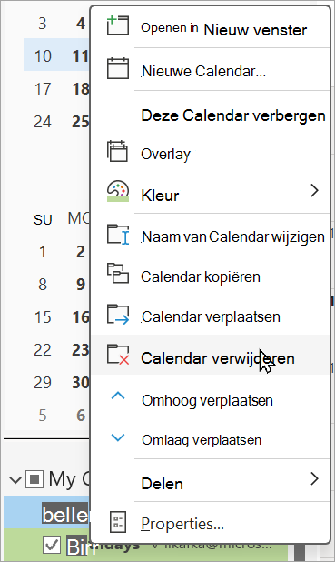 Klik met de rechtermuisknop op de verjaardagsagenda om deze te verwijderen.