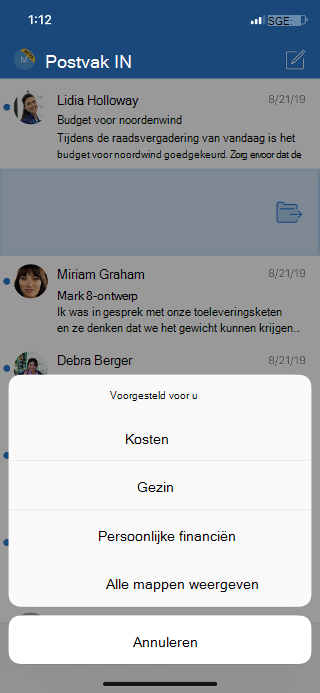 Geeft een Postvak IN weer met een lijst met mapopties en een optie voor het weergeven van alle mappen.