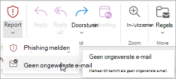 U kunt de knop Geen ongewenste e-mail rapporteren > gebruiken om een bericht te herstellen uit de map Ongewenste e-mail Email en outlook vervolgens te vertellen dat u geen berichten van die afzender meer wilt verzenden naar de map Ongewenste Email.