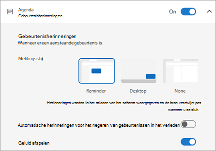 Schermopname van Calendar instellingen voor gebeurtenisherinnering