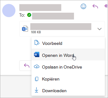 Schermopname van de vervolgkeuzelijst voor het openen van een bijlage in Word