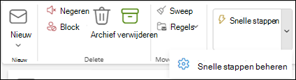 Schermopname van het Outlook-lint met de instelling Snelle stappen beheren