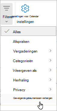 Schermopname van Filter in Calendar met geweigerde gebeurtenissen verbergen in de vervolgkeuzelijst