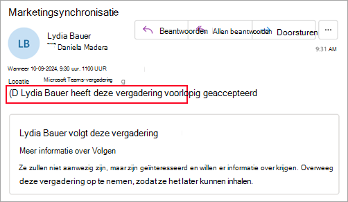 Schermopname voor organisatoren die geen nieuwe Outlook gebruiken, waarin wordt aangegeven dat de deelnemer de vergadering voorlopig heeft geaccepteerd