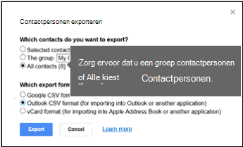 Contactpersonen kiezen die u wilt exporteren en outlook csv-indeling kiezen om Google-contactpersonen te exporteren