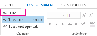 Optie HTML-indeling op het tabblad Tekst opmaken in een bericht