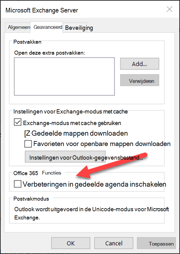 U kunt de verbeteringen in de gedeelde agenda inschakelen met een selectievakje.