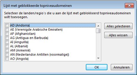 Dialoogvenster Lijst met geblokkeerde topniveaudomeinen