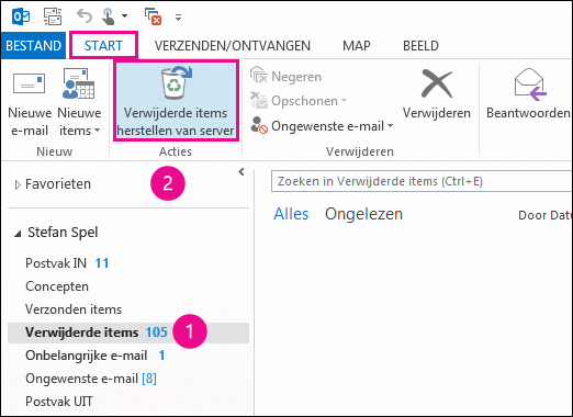 Selecteer de map Verwijderde items en klik op Items herstellen van server