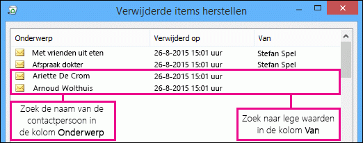 Sorteren op kolommen Onderwerp of Van om contactpersonen te zoeken