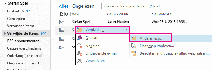 Klik op Verplaatsen en klik vervolgens op Andere map