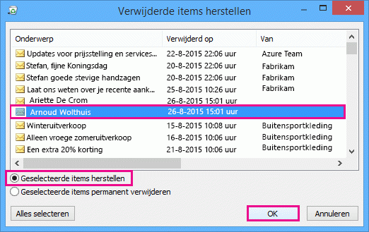 Selecteer een contactpersoon die u wilt herstellen en klik op OK