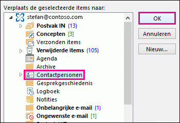 De contactpersoon verplaatsen naar de map Contactpersonen