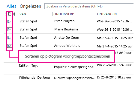 Sorteren op pictogram om contactpersonen te groeperen in de map Verwijderde Items