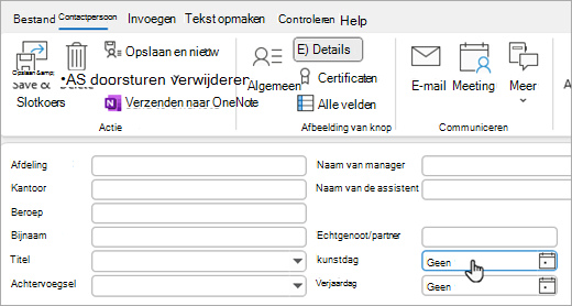 Schermopname van de weergave Details op het visitekaartje om een verjaardag of jubileum toe te voegen