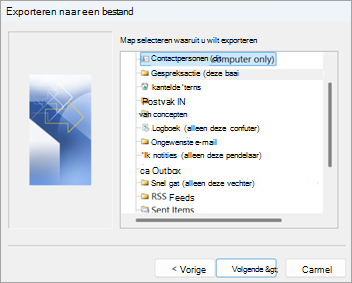 Schermopname in klassieke Outlook met Contactpersonen (alleen deze computer) geselecteerd voor export
