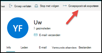 De groepskaart in Outlook.com met een pijl die omhoog en rechts wijst naar Groepspostvak exporteren.