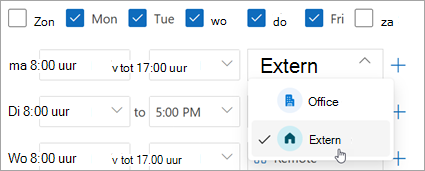 Schermopname van Extern geselecteerd in de vervolgkeuzelijst werklocatie