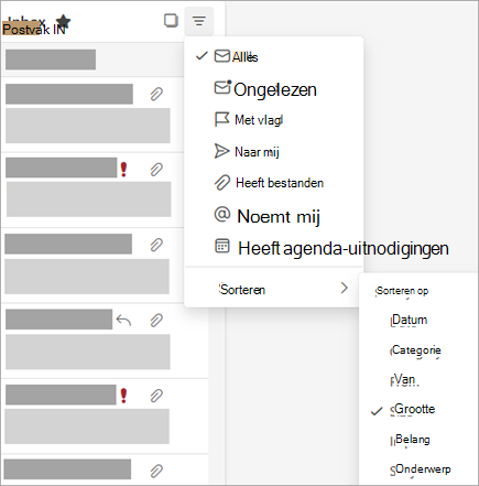 Een schermafbeelding van het menu Filter met Sorteren op geselecteerd