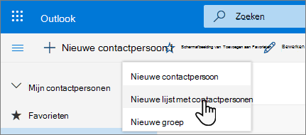 Een schermafbeelding van het menu Nieuwe contactpersoon met Nieuwe lijst met contactpersonen geselecteerd