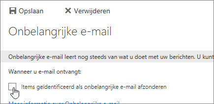 Als u Onbelangrijke e-mail wilt uitschakelen, schakelt u de selectievakjes op deze pagina uit en kiest u Opslaan.