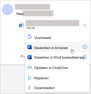 Schermopname van de vervolgkeuzelijst bijlage met Bewerken in browser geselecteerd