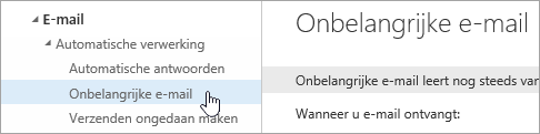 Een schermafbeelding van de cursor boven Onbelangrijke e-mail in het menu Instellingen.