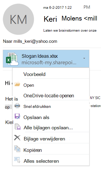 Kies de vervolgkeuzepijl aan de rechterkant van het bijlagepictogram om het menu bestandsbijlage weer te geven