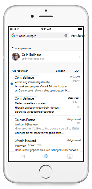 Toont een mobiel scherm, met de zoekbalk bovenaan en een naam die erin is getypt. Zoekresultaten bevinden zich onder de zoekbalk.